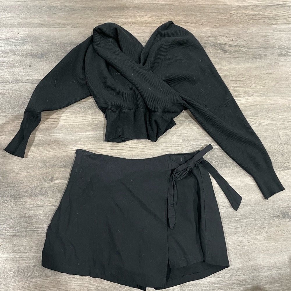 Shein shorts with flap overlay/skort and wrap sweater